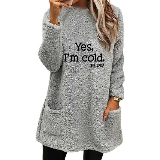 Damsweatshirt – långärmad pullover i dubbelsidig sammet med tryck, rund hals & ficka