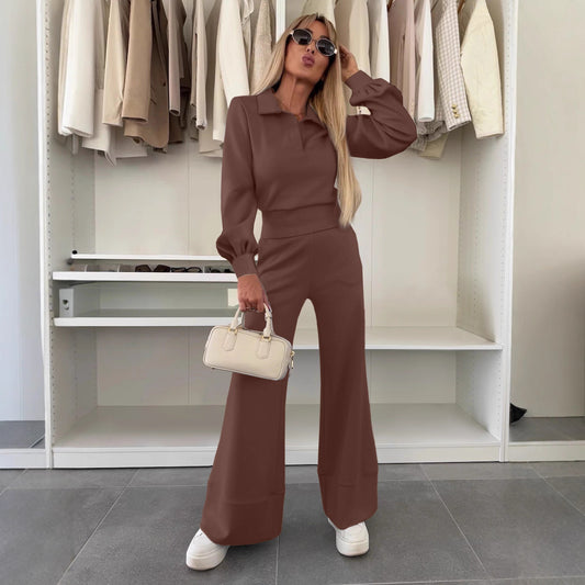 Tvådelat Set Dam – Långärmad Topp med Elastiska Vida Byxor