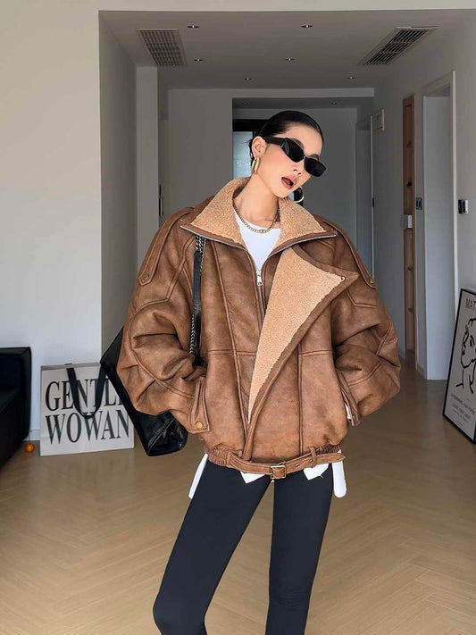 Retro damjacka – motorcykelstil i PU-läder med slagkrage & tjock fuskpälsfoder