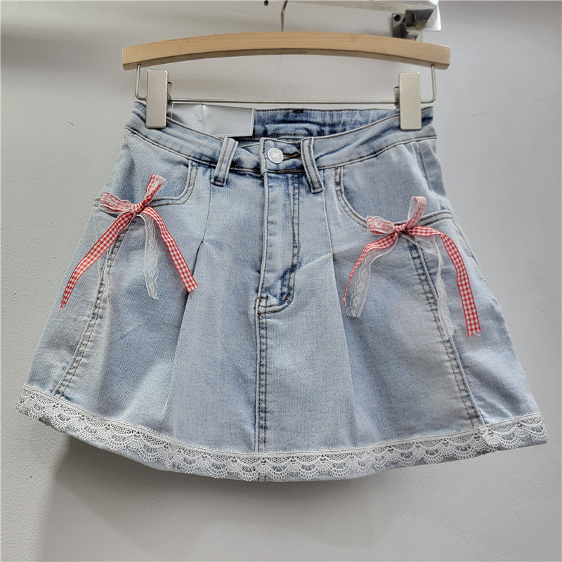 Kjol för Dam – Högmidjad A-linje i Spets med Rosett & Slimmande Effekt