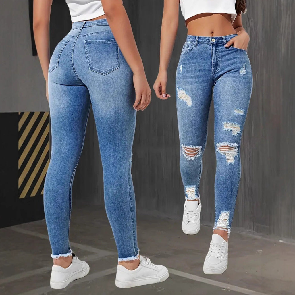 Jeans Dam – Slim Fit Stretchjeans med Ripped Detaljer & Smal Fot