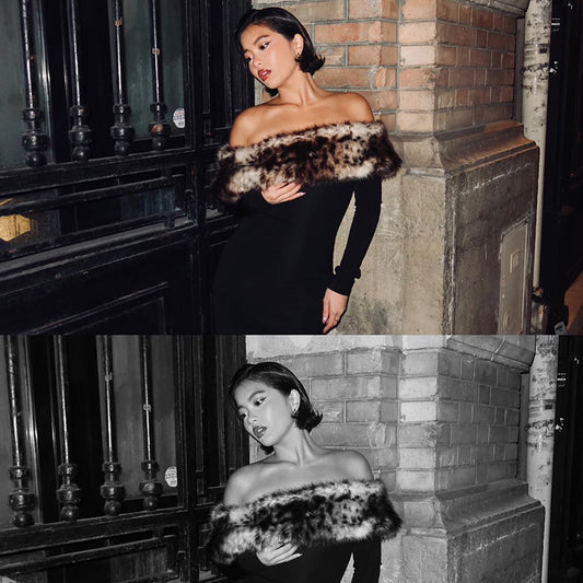 Damklänning – off-shoulder med leopardmönster & fuskpälsdetaljer i trendig design