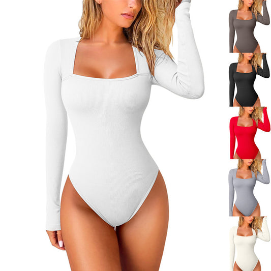 Bodysuit för Dam – Ribbad, Fyrkantig Ringning & Långärmad med Slimmande Effekt