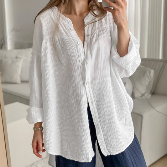 Skjorta för Dam – Vit Bomull i Bubbelcrepe med Skärp & Liten Ståkrage