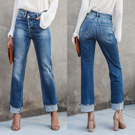 Tvättade Jeans – Straight Leg Denim Byxor för Dam