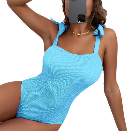 Dam Baddräkt – Plisserad One-piece i Enfärgad Design med Knytband