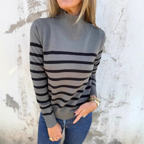 Randig Polotröja Dam – Stickad Tröja med Knappdetaljer