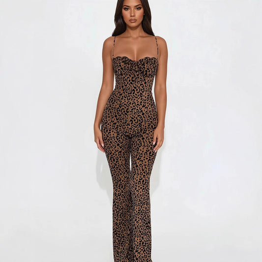 Ärmlös Jumpsuit för Dam – Leopardmönster, Slim Fit & Öppen Rygg