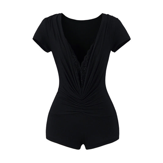 Djup V-ringad Jumpsuit för Dam – Spetsdetaljer & Elegant Design