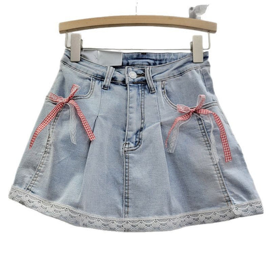 Kjol för Dam – Högmidjad A-linje i Spets med Rosett & Slimmande Effekt