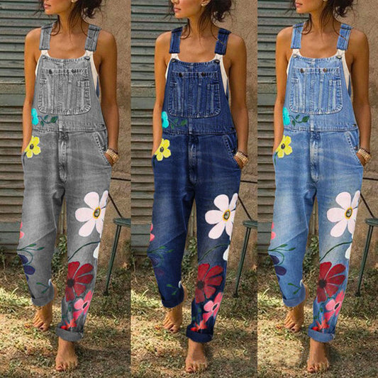Denim Overall Dam – Klassisk Högmidjad Jeansjumpsuit med Lös Passform, Raka Ben & Unik Printdesign