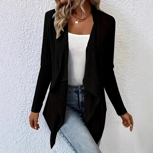 Stickad Kofta för Dam – Enfärgad med Ribbad Design & Långärmad