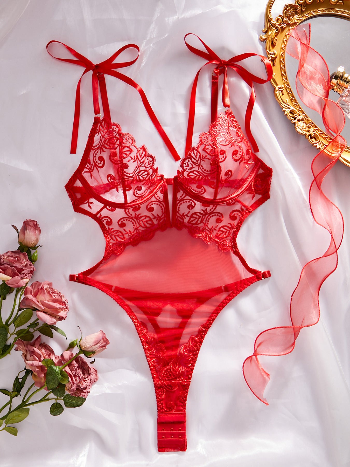 Sexig Spetskorsett för Dam – Transparent Body Shaper med Stålbyglar & Broderi