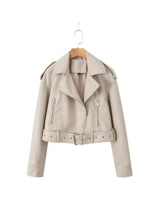 Damjacka – trendig bikerjacka i tvättat PU-läder med dragkedja