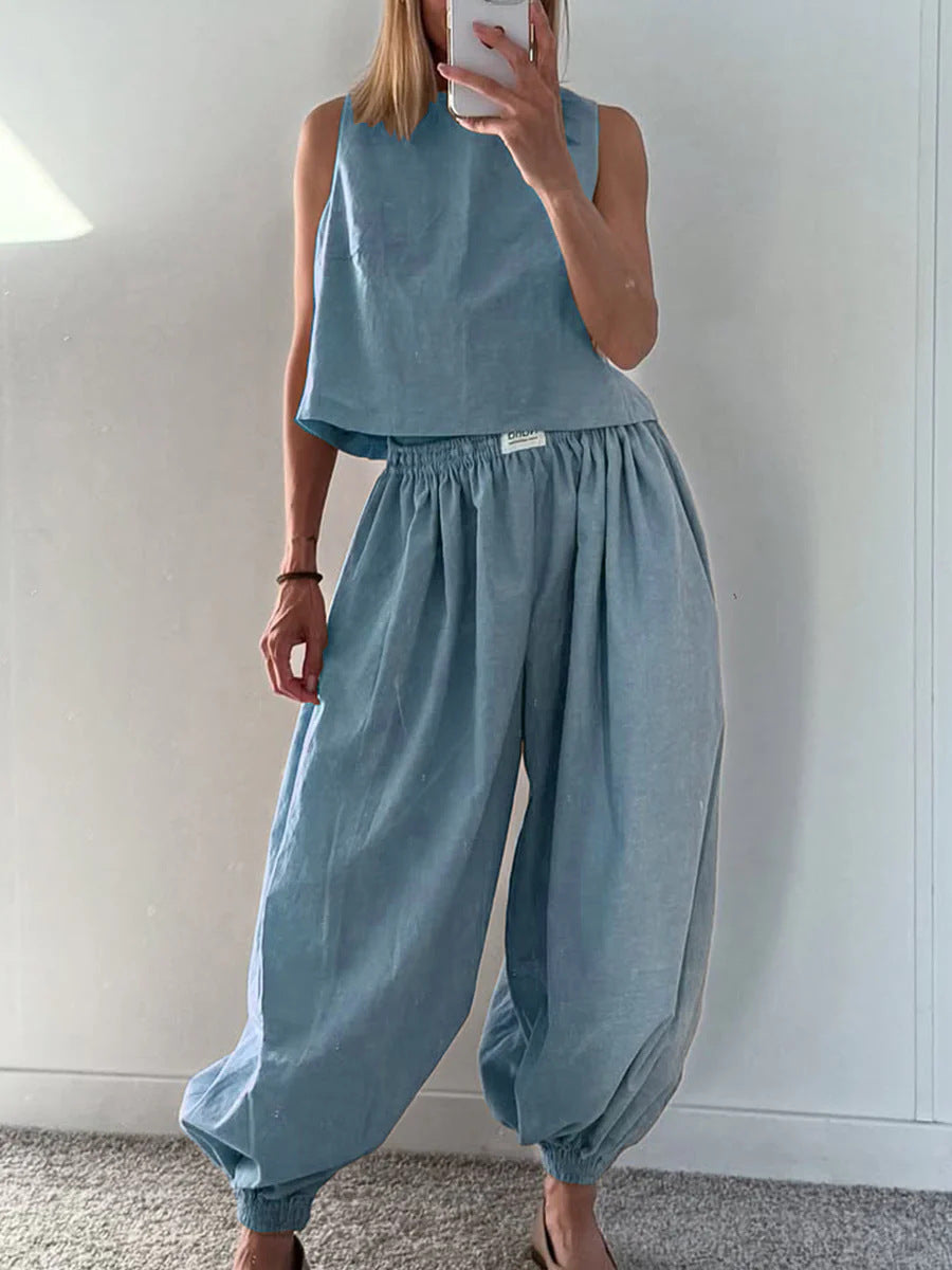 Tvådelat Set Dam – Ärmlös Topp med Vida Byxor i Lös Passform