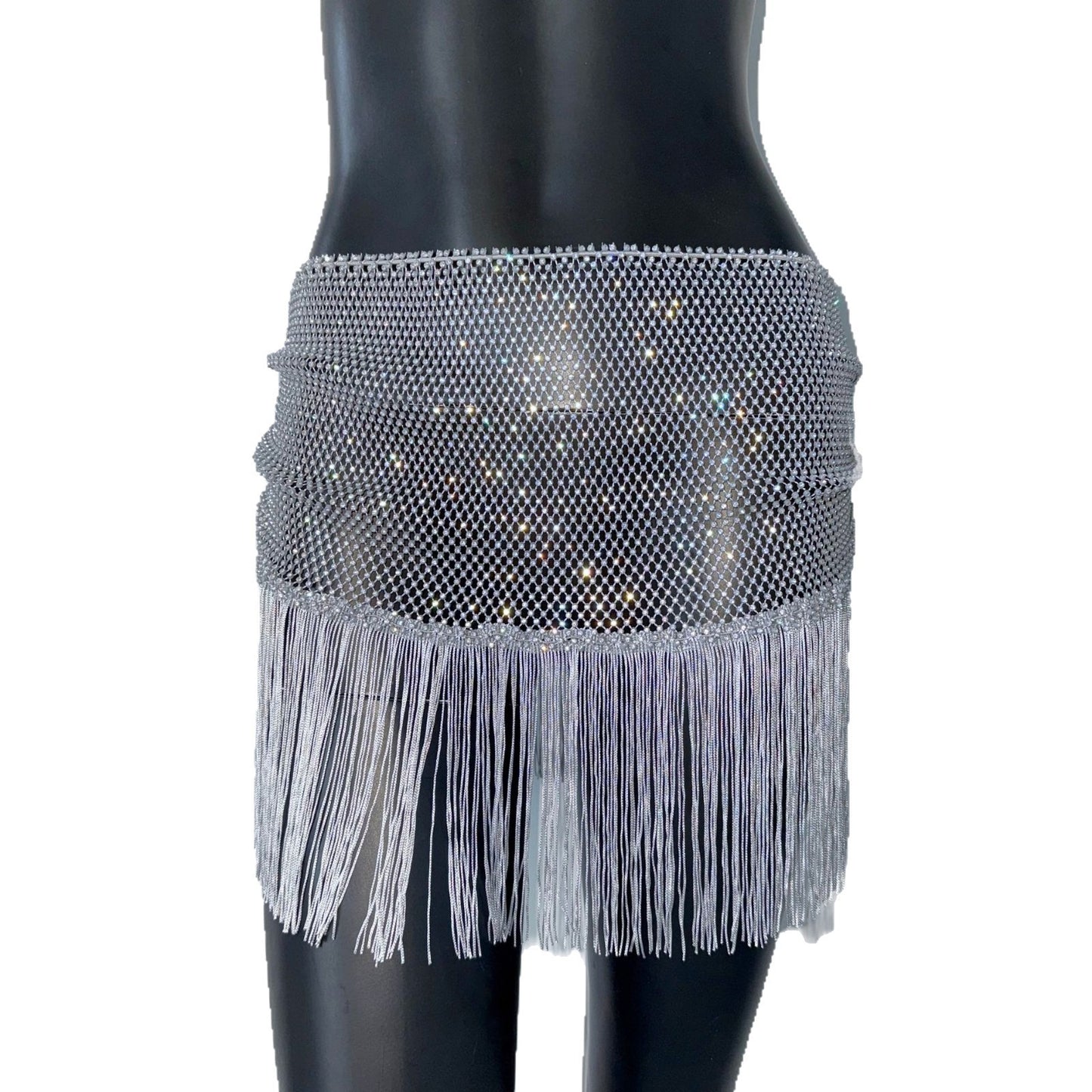 Kjol för Dam – Halvlång i Nätmaterial med Fransar, Strass & Elastisk Passform