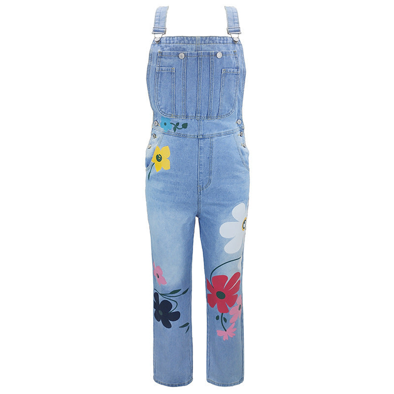 Denim Overall Dam – Klassisk Högmidjad Jeansjumpsuit med Lös Passform, Raka Ben & Unik Printdesign