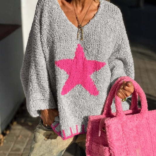 Damtröja – lösstickad V-ringad sweater i casual stil