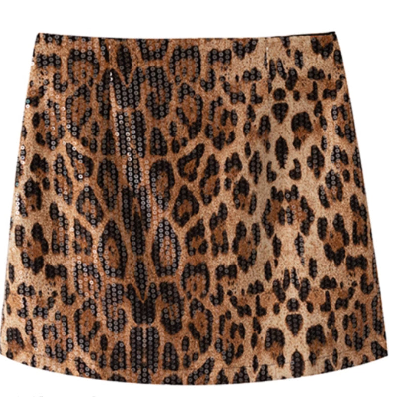 Kjol för Dam – A-linje i Leopardmönster med Glitterdetaljer