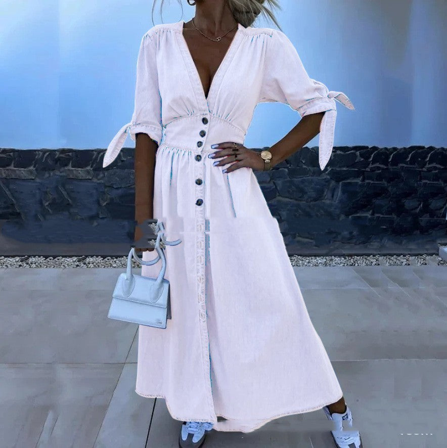 Damklänning – midilång cardigan-klänning i fejk Denim med midjemarkering & enkelknäppning