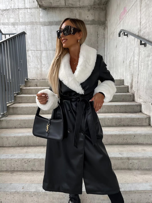 PU-läderjacka för Dam – Loose Fit med Snörning, Fuskpäls-krage & Fickor