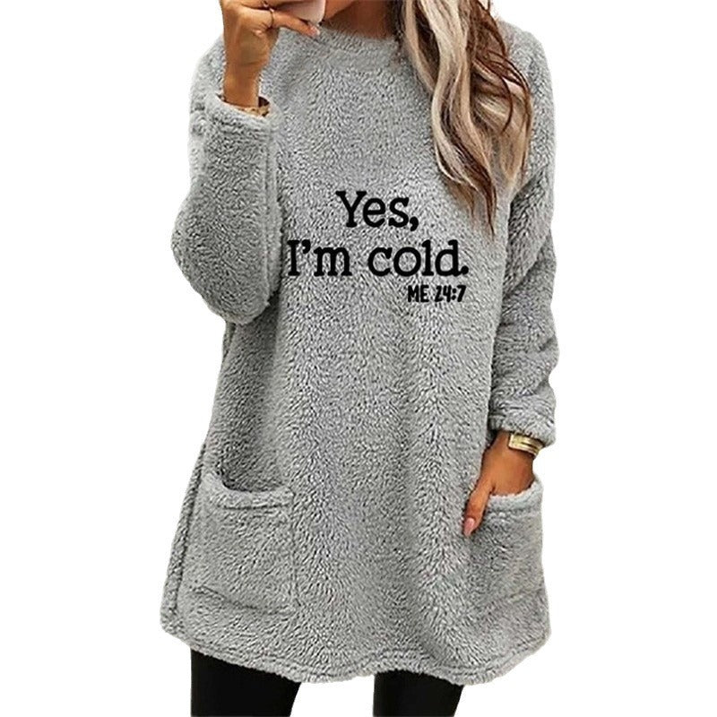 Damsweatshirt – långärmad pullover i dubbelsidig sammet med tryck, rund hals & ficka