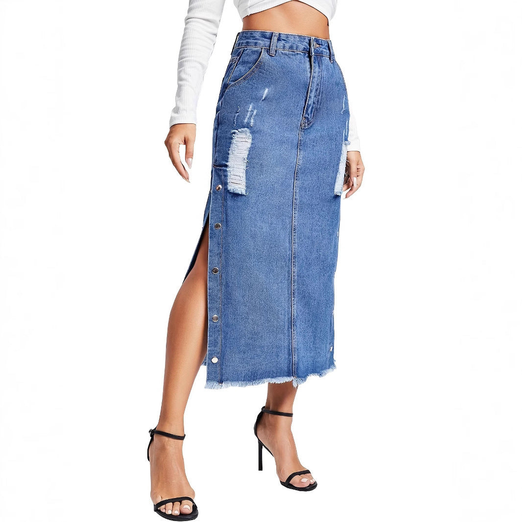 Jeanskjol för Dam – Europeisk & Amerikansk Stil med Slits, Oregelbunden Design & Ripped Detaljer