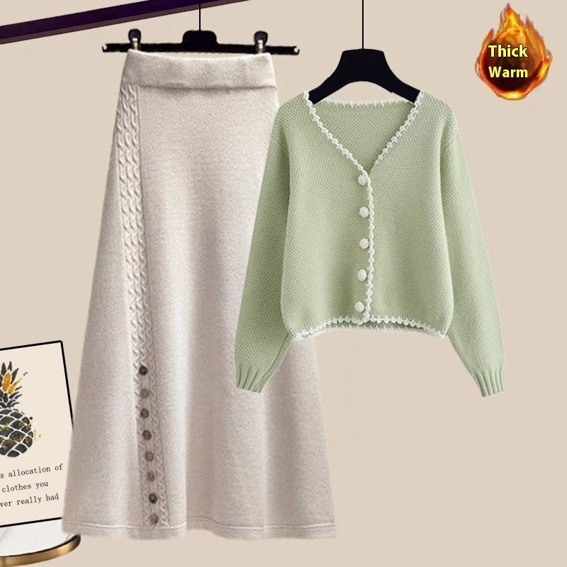 Tvådelat Set Dam – Vinterset med Stickad Tröja/Kofta & Matchande Kjol, Årets Trend