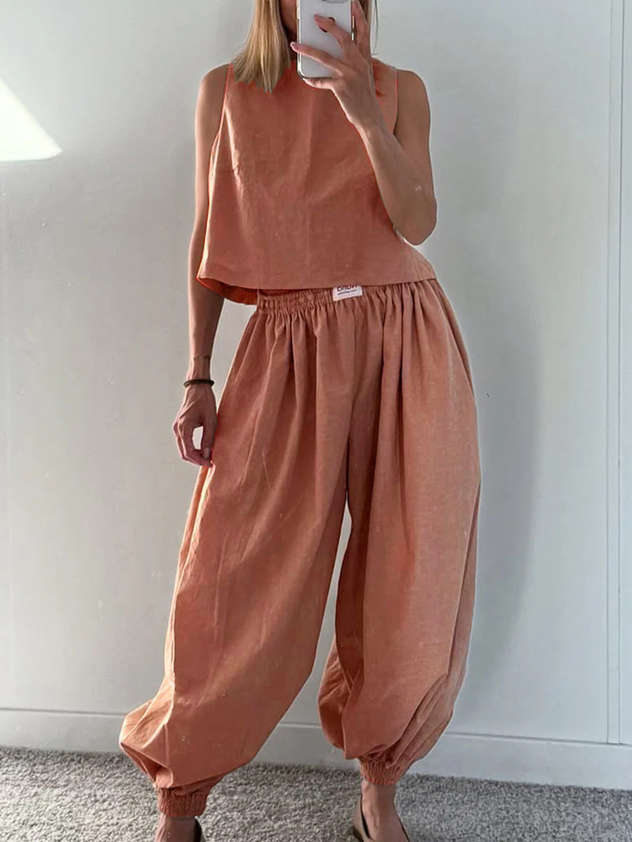 Tvådelat Set Dam – Ärmlös Topp med Vida Byxor i Lös Passform