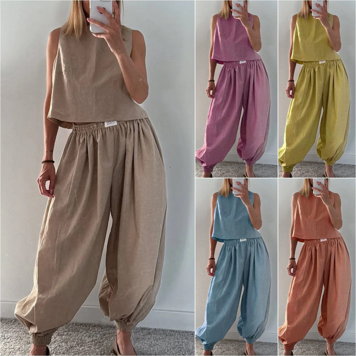 Tvådelat Set Dam – Ärmlös Topp med Vida Byxor i Lös Passform