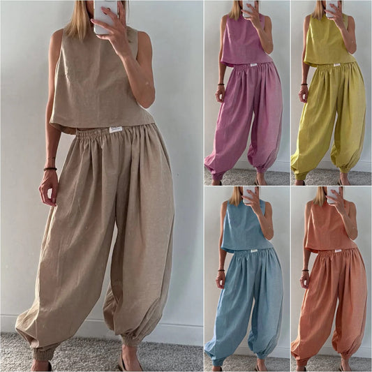 Tvådelat Set Dam – Ärmlös Topp med Vida Byxor i Lös Passform