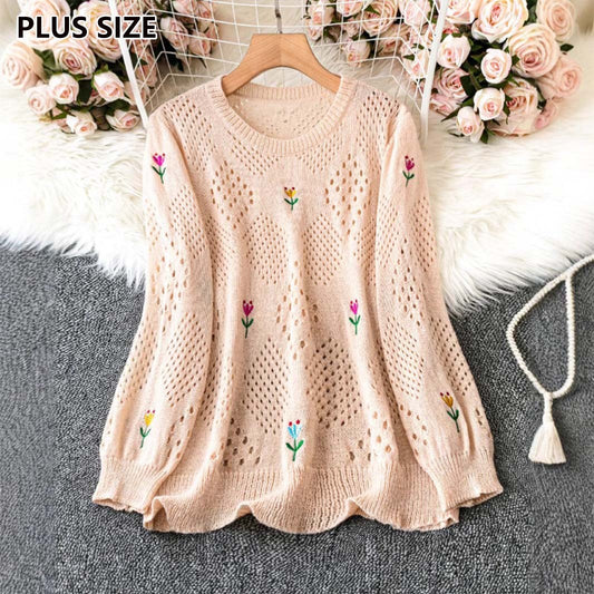 Stickad Tröja Dam – Casual Långärmad Sweater med Rund Hals, Blombroderi & Hollow-out Detaljer