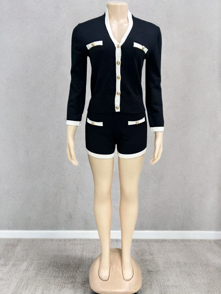 Tvådelat Set Dam – Kontrastfärgad V-ringad Cardigan med Lång Ärmar & Matchande Shorts