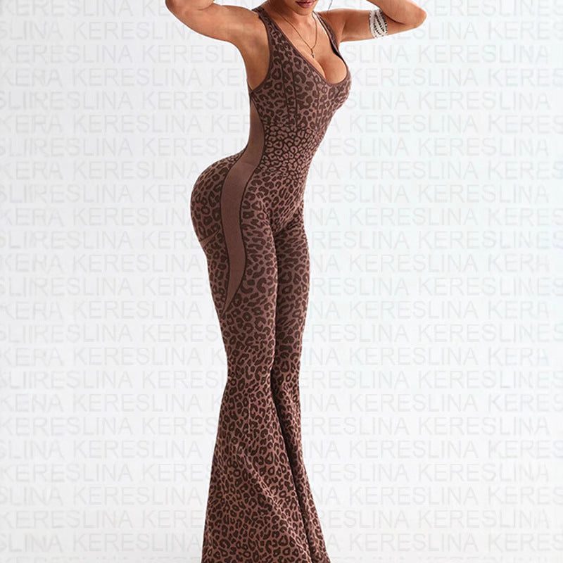 Leopardmönstrad Jumpsuit – Slim Fit Halterneck med V-ringning & Rygglös Design