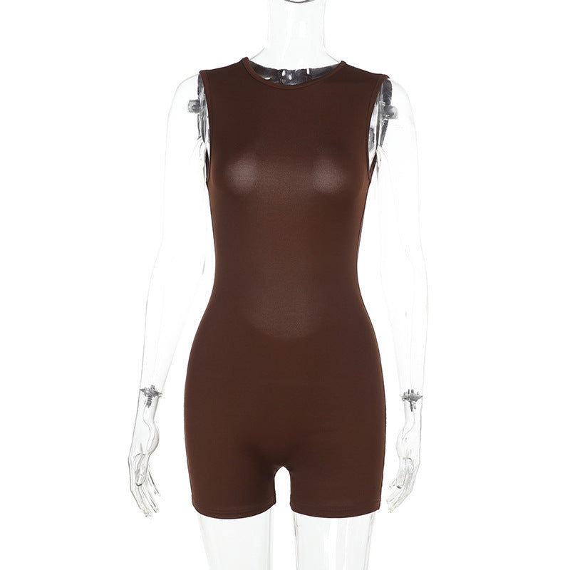 Trendig One-Piece Jumpsuit – Figurnära Enfärgad Träningsdräkt med Öppen Rygg