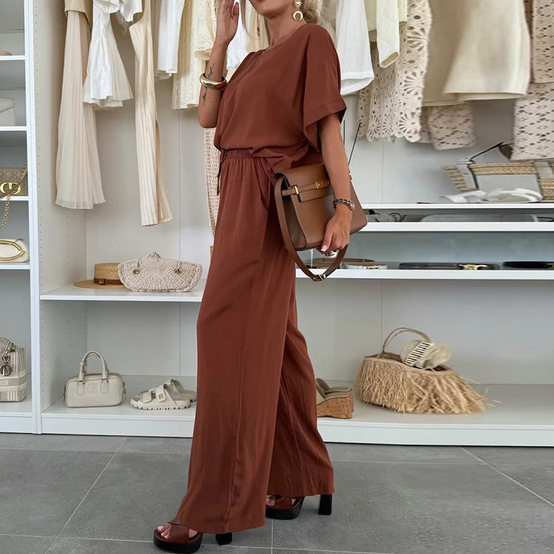 Tvådelat Set Dam – Modernt Enfärgat Set med Rundhalsad Kortärmad Topp & Knytbyxor