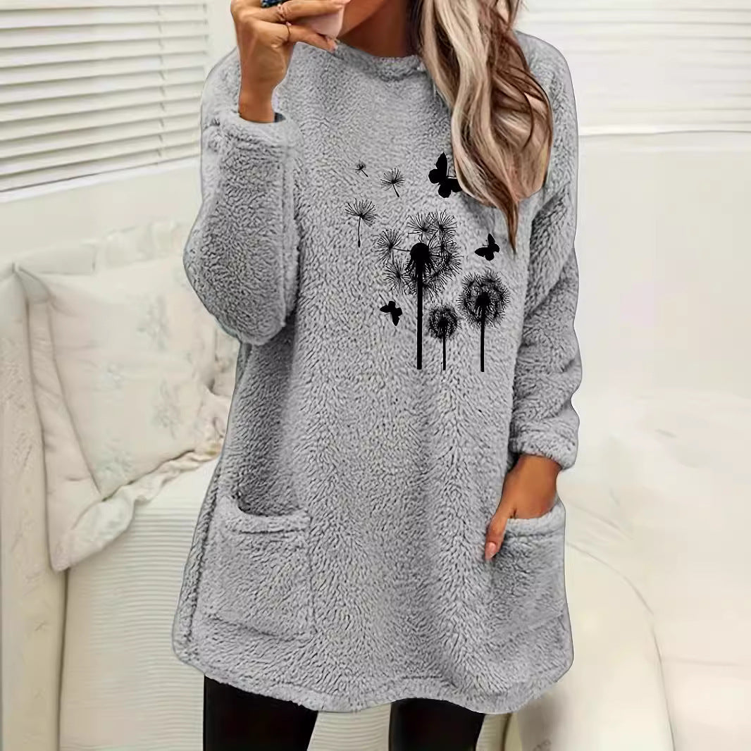 Damsweatshirt – långärmad pullover i dubbelsidig sammet med tryck, rund hals & ficka