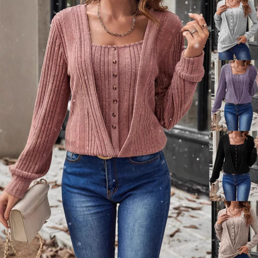 Damtröja – stickad 2-i-1 design med knappdetaljer & normalärmar