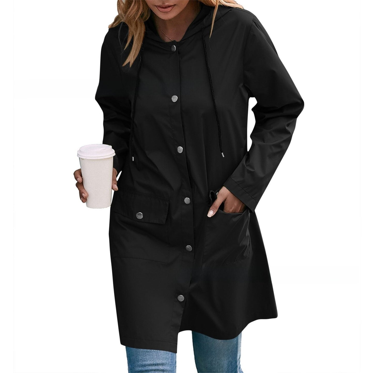 Casual Lång Vindjacka med Huva  – Tjock och Vattentät – Dam