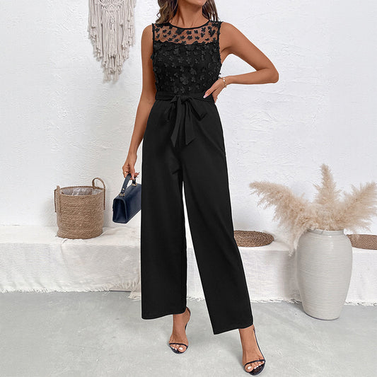 Elegant Jumpsuit för Dam – Spetsdetaljer, Ärmlös & Hög Midja