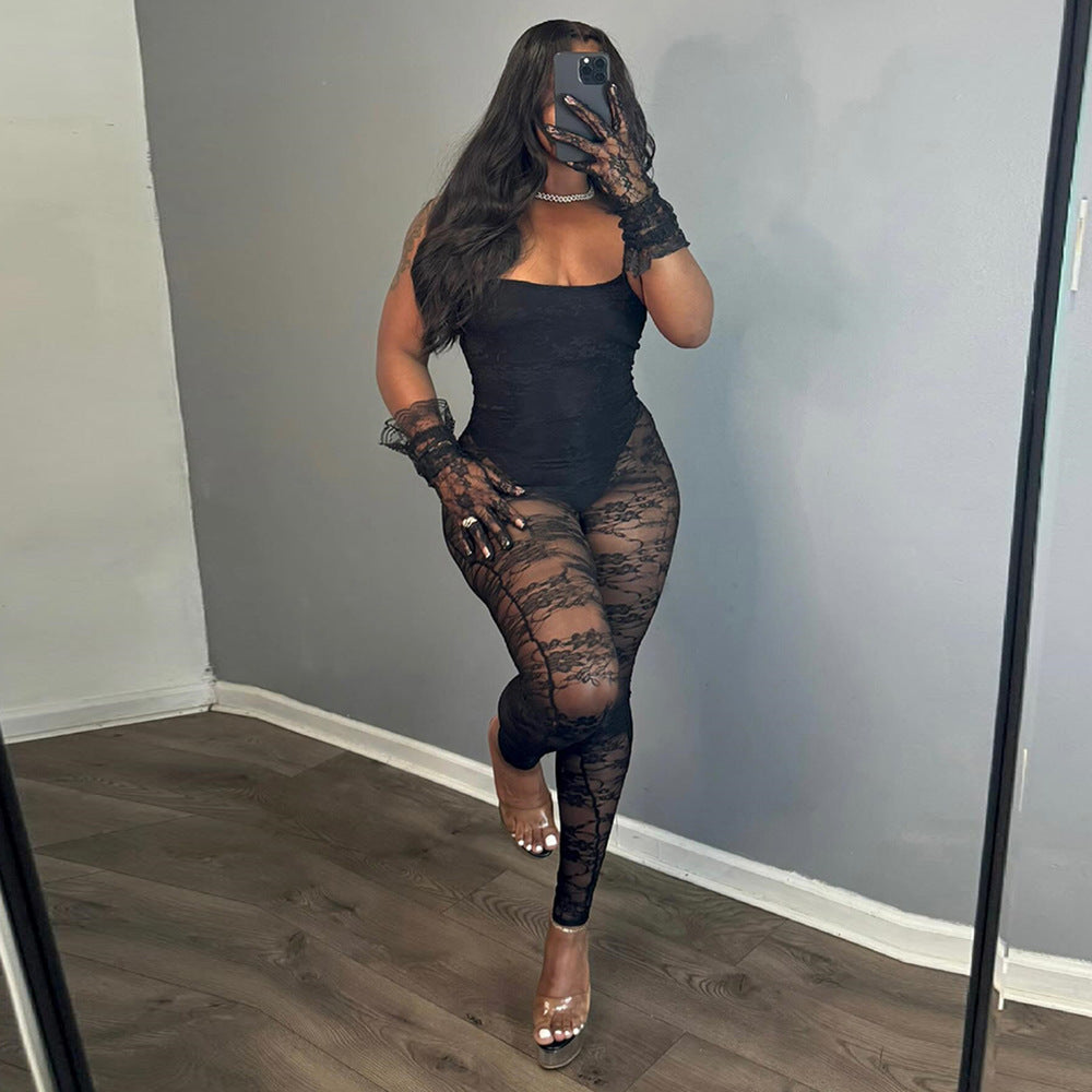 Trendig One-Piece Jumpsuit – Figurnära Sling Style med Sheer Stitching & Stretch