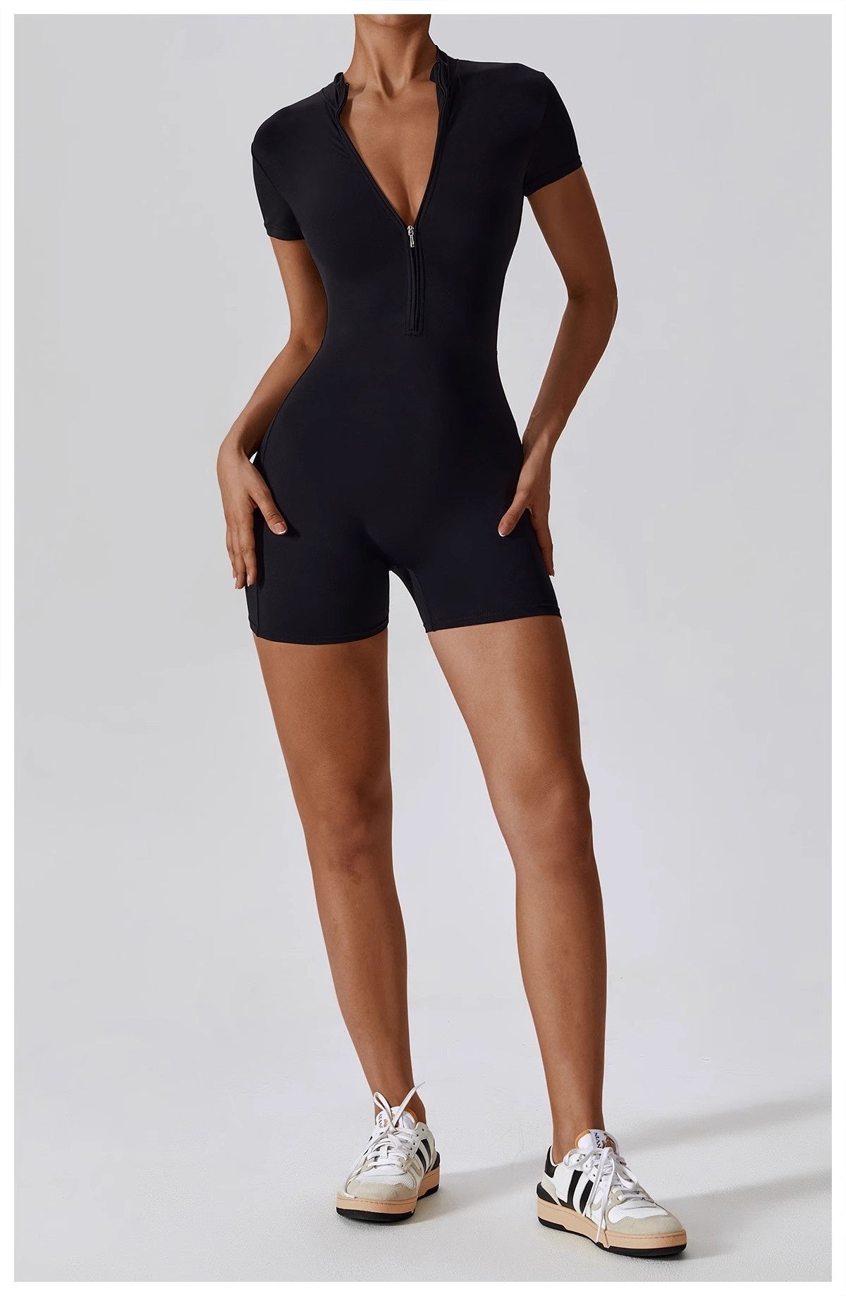 Yoga Bodysuit för Dam – Somrig One Piece med Dragkedja, Kort Ärm & Shorts