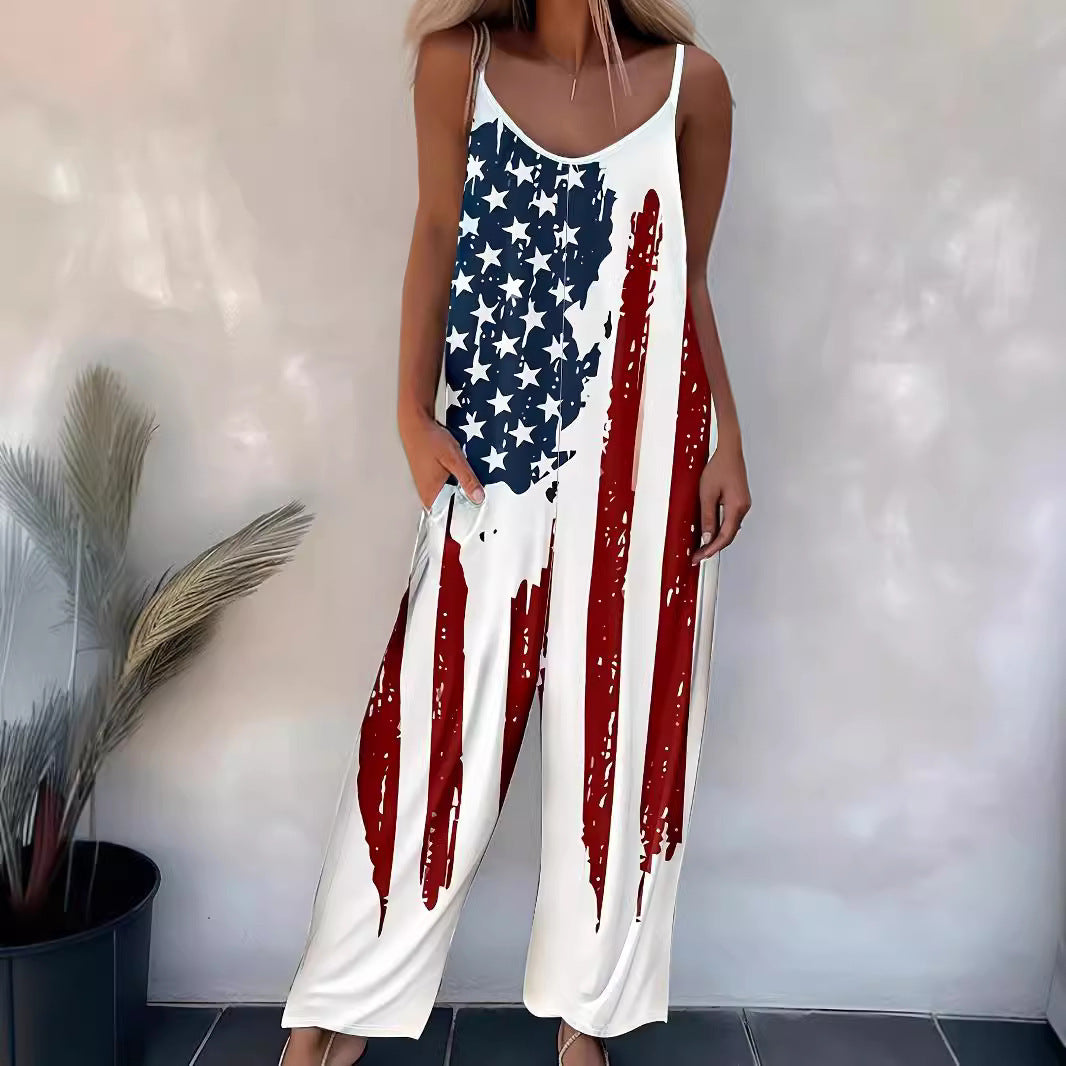 Damjumpsuit – casual byxdress med mönster & smala axelband