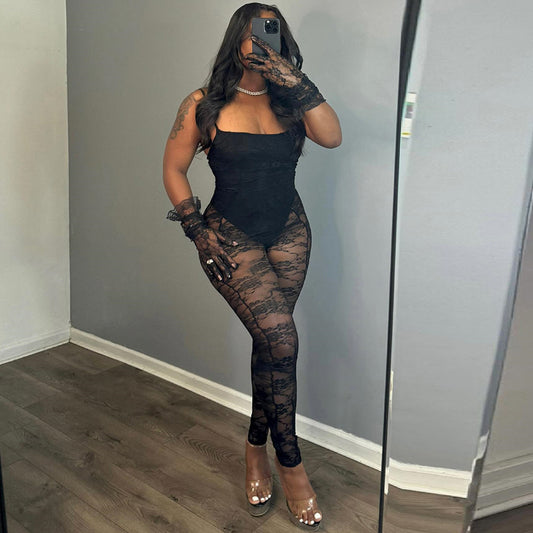 Trendig One-Piece Jumpsuit – Figurnära Sling Style med Sheer Stitching & Stretch