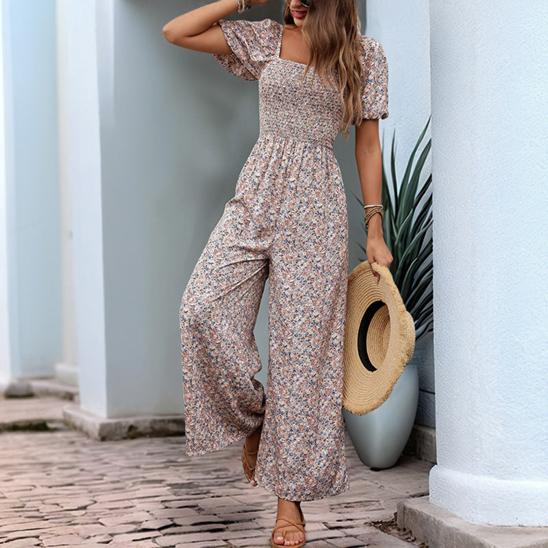 Trendig Jumpsuit – Blommigt Mönster med Square Neck & Puffärmar, Perfekt för Semester
