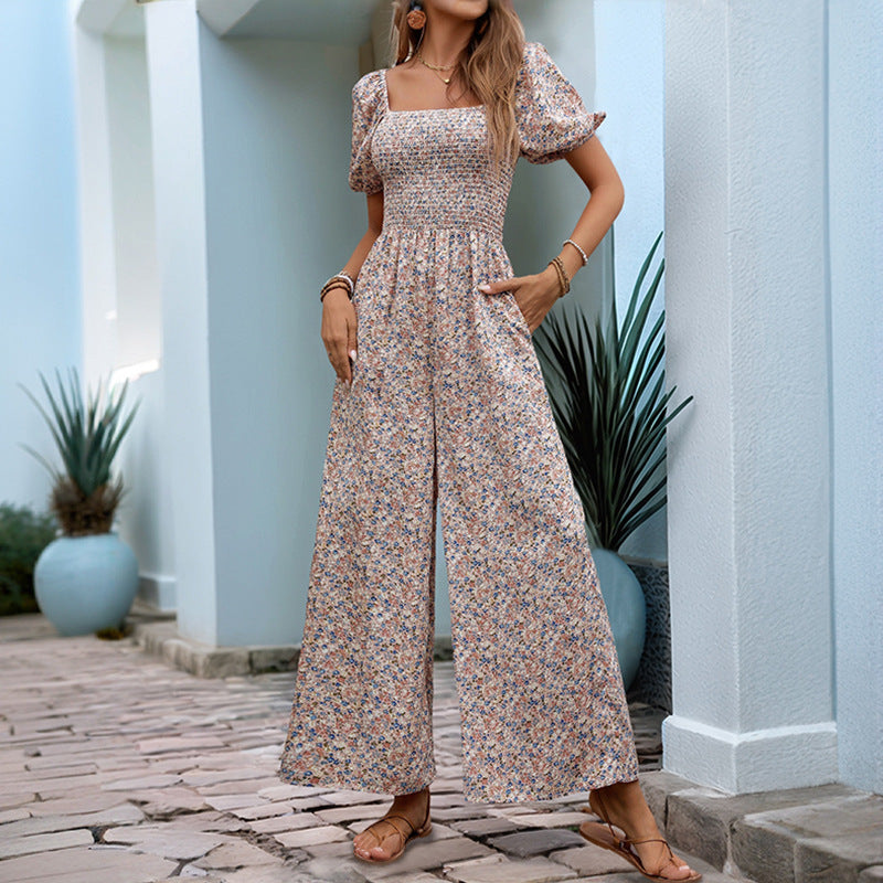 Trendig Jumpsuit – Blommigt Mönster med Square Neck & Puffärmar, Perfekt för Semester
