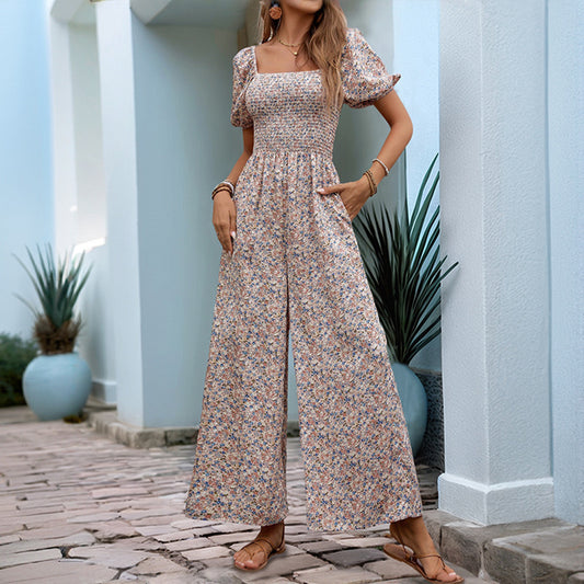 Trendig Jumpsuit – Blommigt Mönster med Square Neck & Puffärmar, Perfekt för Semester