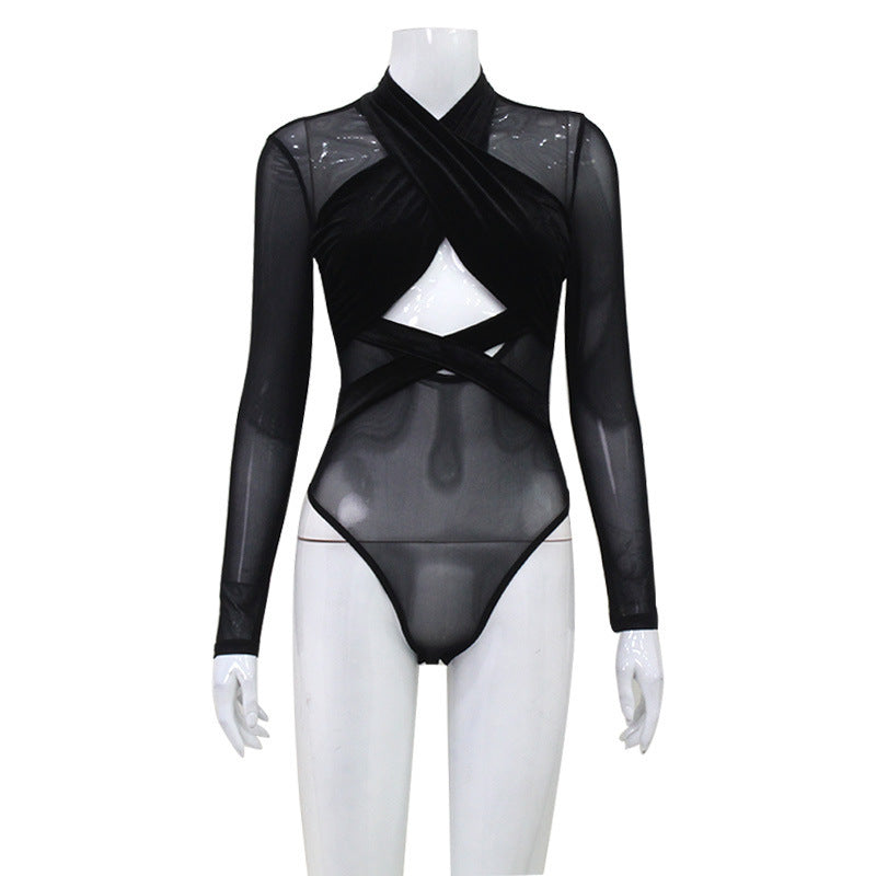 Elegant Bodysuit – Långärmad Slim Fit med Transparent Mesh & Figursydd Design