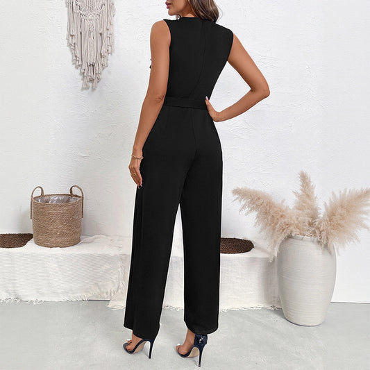 Elegant Jumpsuit för Dam – Spetsdetaljer, Ärmlös & Hög Midja