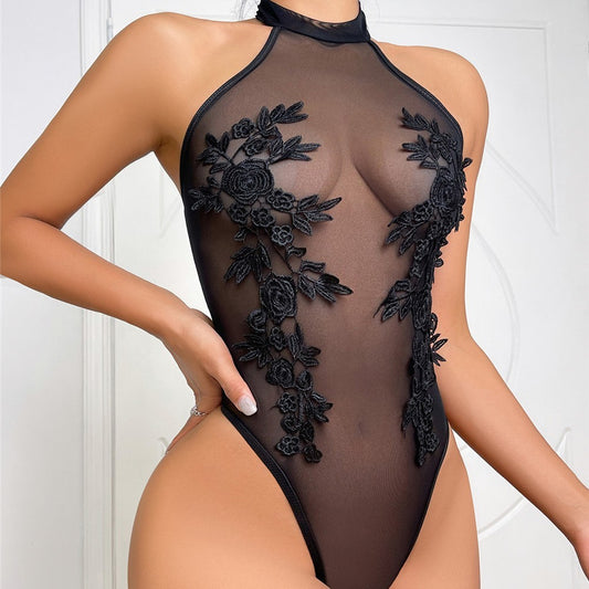 Sexig Spetsbodysuit – Transparent Slim Fit Underkläder med Blomdetaljer